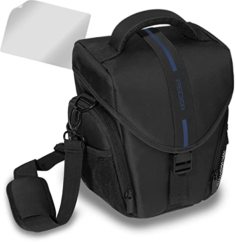 PEDEA DSLR-Kameratasche Essex mit Displayschutzfolie für Olympus E-M5 Mark II Pen E-PL8 E-PL9 / Canon EOS M50 / Nikon D5600 D7500 / Panasonic G9 G70 G81 GX8 / Fujifilm X-T3 X-T100, Gr. L blau