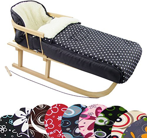 Rawstyle *Kombi-Paket* Holz-Schlitten mit Rückenlehne & Zugseil + universaler Winterfußsack (108cm) Lammwolle, auch geeignet für Babyschale, Kinderwagen, Buggy (Schwarz + Punkte Weiß)