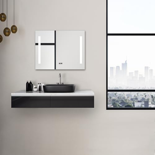 Talos Star LED Badspiegel 80x60 cm mit Beleuchtung – Wandspiegel mit neutralweißem LED-Lichtausschnitt – Lichtspiegel mit Digitaluhr und Kippschalter – Beleuchteter Badezimmerspiegel für Bad