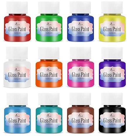 Glass Paint, Stained Glass Paint, Glass Color Paint for Wine Bottle, Light Bulbs and Ceramic (12 Colors x 0.84 fl.oz)