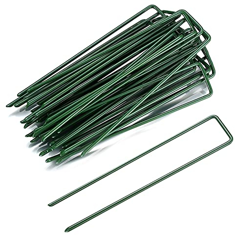 30 clavijas de jardín en forma de U, estacas de seguridad de jardín, clavijas de césped artificial, clavijas de césped de metal verde para malezas, tela, estera, hierba artificial, red, 150 mm