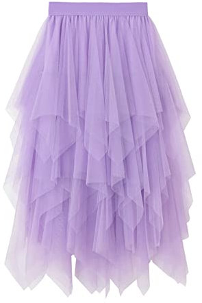 SotRong Tüllrock Lila Damen Karneval Asymmetrisch Midirock Elastisch Hohe Taille Plissee Stufendecke Sommerrock Elegant Mesh Ballett Hochzeit Party Abschlussball Tutu Rock