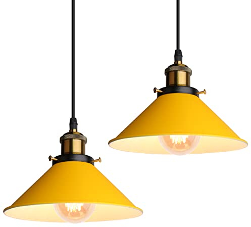 iDEGU Retro Pendelleuchte, 22CM Vintage Hängelampe E27 Industrieller Lampenschirm aus Metall Deckenleuchte Hängeleuchte für Esszimmer Wohnzimmer Küche Schlafzimmer Restaurant (2 Stücke, Gelb)