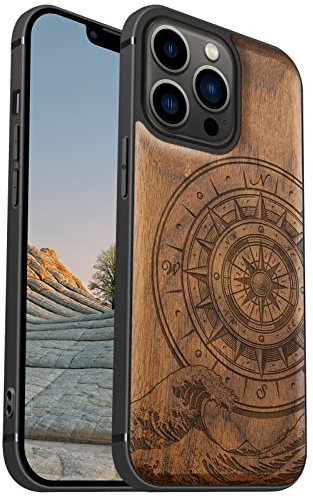 Carveit Magnetisch Hülle für iPhone 13 Pro Case [Elegante Walnuss] [Weich TPU Stoßstange] Stoßfeste Handyhülle Kompatibel mit 13Pro Magsafe Hülle Holz （Der Kompass vor Kanagawa Waves）