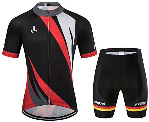JEPOZRA Completo Ciclismo Uomo Estivo Abbigliamento Mountain Bike Tuta MTB Trek Maglia Ciclismo Manica Corta e Pantaloncini Bici Imbottiti Salopette Ciclismo Gel (M, Nero)