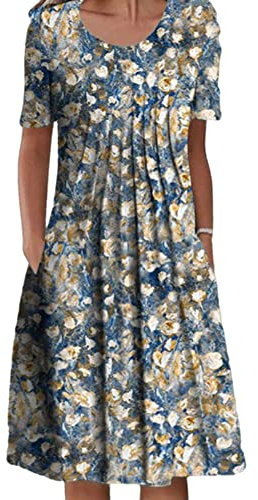 Achinel Women's Floral Print Midi Dresses Ladies Crew Neck Short Sleeve T Shirt Dress Summer Sundress Casual Boho Bohemian Dress No. 4 Color L