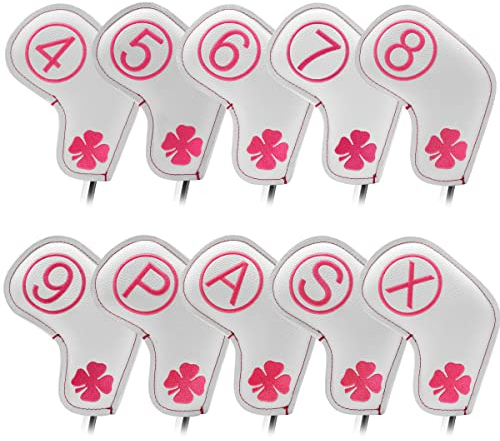 Korea Style Golf Iron Covers Headcovers Set, 10Pcs Golf Iron Head Covers with Lucky Clover for Women Golfer, White with Pink Clover Synthetic Leather Golf Club Protective Case