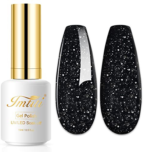 Imtiti Glitter Gel Nail Polish - 1 Pcs 0.5 Fl Oz Black Soak Off LED UV Polish for DIY Nail Art, Manicure Salon Kit for Women Girls