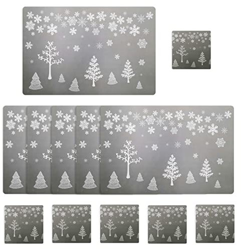 12-Piece Christmas Placemats & Coasters Set - 6 Placemats & 6 Cup Mats for Christmas Table Decoration (Grey Tree Design)