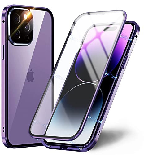 TOPF&B Case for iPhone 14 Pro Max Magnetic Cover,Transparent Tempered Glass Full Cover with Camera Protector,360 Degree Metal Bumper Case for iPhone 14 Pro Max,Clear Purple
