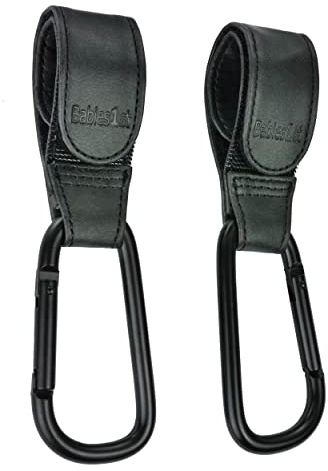 Babies1st Kinderwagen Haken, Kinderwagenhaken, Karabiner Kinderwagen Befestigung für Wickelrucksack 2er Pack, Lederimitat Schwarz