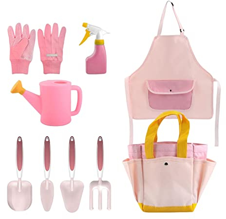 Sharplace Kinder-Gartenwerkzeug-Set für Mädchen mit Handschuhen, Schaufel, Rechen usw. Abgerundete Kanten, 9 STÜCKE