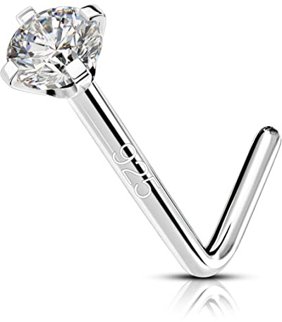 OUFER 925 Sterling Silver Nose Stud, Bone L Screw Shaped Nose Rings, 20G Nostril Solid 2mm Round CZ Nose Piercing Jewelry for Women Men