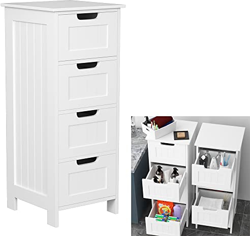 Qimu Bathroom Storage Cabinet with 4 Drawers,White Chest of Drawers,Floor Standing Storage Cupboard,Slim Tall Storage Cabinet Unit for Living Room,Kitchen,Hallway, W11.8''x D11.8 xH32.4''