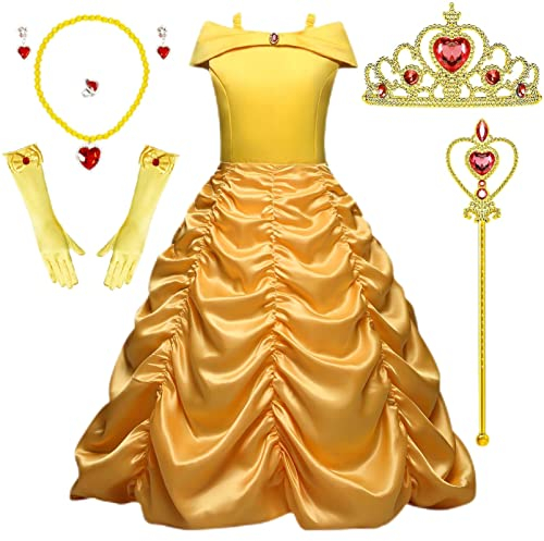 Timesun Puffärmel Angels Prinzessin Belle Kostüm Kleid für Mädchen Kinder Halloween Karneval Party Verkleidung Kronen Zepter Ketten Ringe Ohrringe Handschuhe (Gelb, 130)