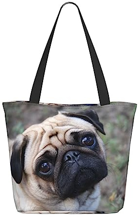 HAZURE Einkaufstasche mit Mops-Motiv, aus Segeltuch, niedliches Druck, Polyester-Tasche für Damen, Schwarz , Einheitsgröße