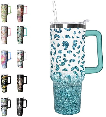 Rcvlauf 40 oz Tumbler with Handle and Straw - Leopard Print Insulated Cup - Leak Proof - Mint Green - Coffee Travel Mug for Women