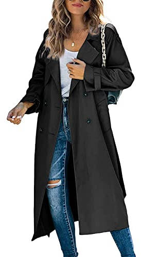 Carolilly Cappotto Donna Lungo Leggero Casual Trench da Donna Classico Doppio Petto Manica Lunga Cappotto Antivento con Cintura Autunno Primavera (Nero, M)