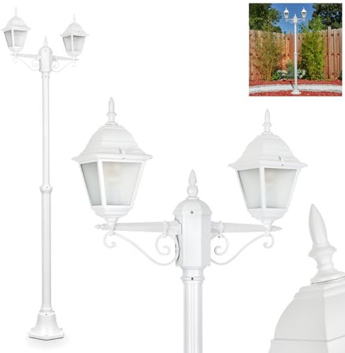Außenwegeleuchte Naofe, moderne Wegeleuchte aus Metall/Glas in Weiß/Milchglas, Kandelaber 2-flammig im Vintage/Retro Look, Höhe max. 220 cm, Gartenbeleuchtung IP44, 2 x E27, ohne Leuchtmittel