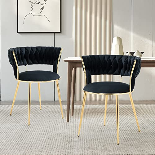 Lot de 2 chaises de salle à manger en velours, chaises d'appoint avec dos tissé et pieds en métal doré, chaises de salon, pour salle à manger, salon, cuisine, vanity room (noir)