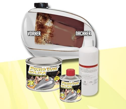 POWER TANK Gum - Trattamento Serbatoio Moto (8/10 Litri) Kit Piccolo Small 350 gr per Interno Serbatoi Elimina la Ruggine Ripara Protegge Arrugginito da Moto d'Epoca Ciao Scooter con Antiruggine