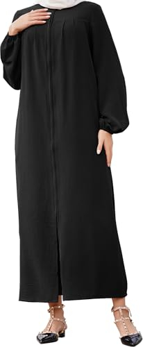 OBEEII Abaya Muslim Damen Einfarbig Muslimisches Kleid Islamische Gebetskleidung Naher Osten Dubai Türkisches Robe in voller Länge Stehkragen Reißverschluss Schwarz M
