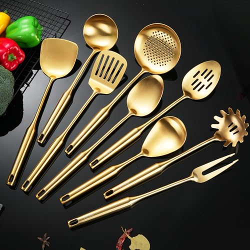 NIITAWH Gold - Juego de utensilios de cocina de acero inoxidable 18/10, 9 piezas de metal de 15 pulgadas con cuchara sólida, cuchara ranurada, tenedor, espátula, cucharón, espumante, afinador ranurado
