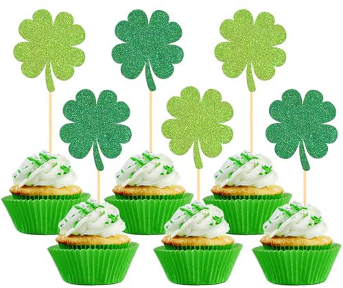 24 Stück Glitzer Vierblättrige Blatt Cupcake toppers, St. Patrick's Day Kuchendeko für Irische St Patricks Day Party Dekoration (Kleeblatt Grün)