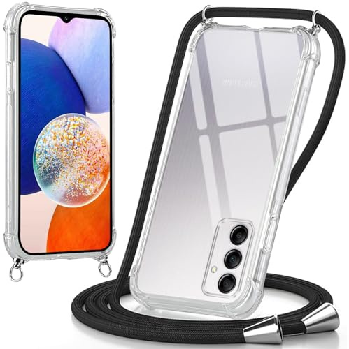 Oelrstfe Coque pour Samsung Galaxy A14 5G avec Cordon, Transparente Silicone Housse avec Réglable Cordage - Collier Case Protection pour Samsung A14 5G, Bandoulière - Noir