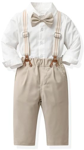 Baby Jungen Anzug Bekleidungssets Kleid Strampler hosenträger Fliege Krawatte 4tlg Anzug Gentleman Festliche Taufe Hochzeit Langarm Baby Kleikind 6 Monate 6 Jahre (w-beige,18-24 Monate)