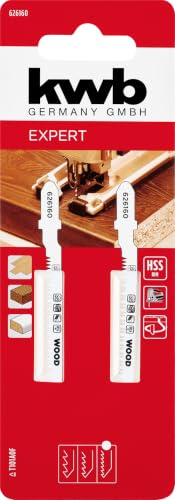 kwb 2x Stichsägeblätter Laminat, Kurvenschnitt (geeignet für Laminat, Hartholz, Bi-Metall, gehärtete Zähne, verkürzter Sägeblattrücken, T-Schaft)