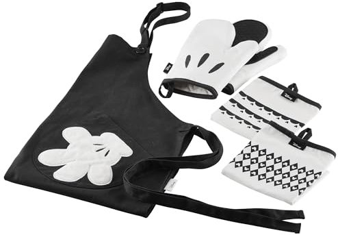 Prestige Disney Monochrome Kitchen Textile set - Apron and Oven Gloves Set with Tea Towel Set of 2 - Black & White