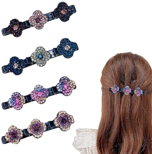 EIROVYA 4 Stück Four Leaf Clover Hair Clips, Haarspangen damen,Rhinestone hair clips,Zarte vierblättrige Kleeblatt-Haarspangen, Bunte, Funkelnde Kristall-Haarspange-Blume