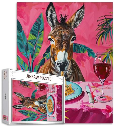 Animals Dining Pictures Jigsaw Puzzles für Erwachsene, 1000 Teile, Zebra Eating Pasta and Drinking Red Wine Puzzle, Geburtstagsgeschenke, Multicolor DIY Jigsaw Puzzles Decor, Perfekt für Spieleabende