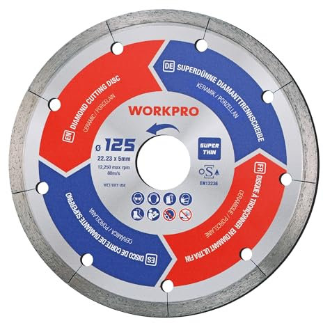 WORKPRO Profi Diamanttrennscheiben 125mm x 22,23mm, 1,2 mm superdünne Diamantscheibe für Trocken- & Nassschnitt von Keramik und Fliesen, Kompatibel mit Winkelschleifer