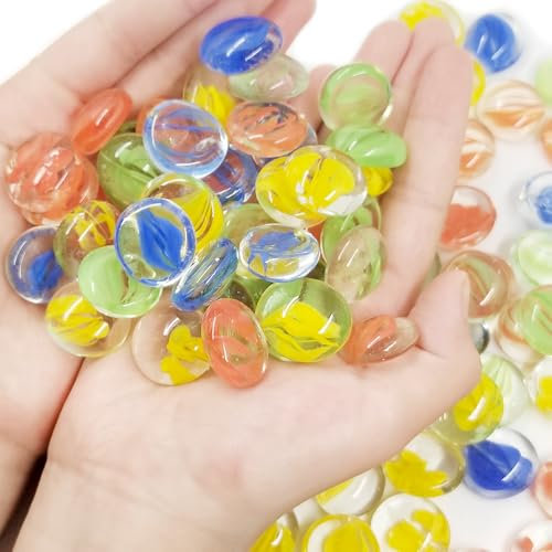 Liliume Glassteine Bunt 800g Muggelsteine Groß Glassteine Deko Flache Marmorperlen Dekorative Glassteine für Aquarium, Blumentopf, Landschaftsbau