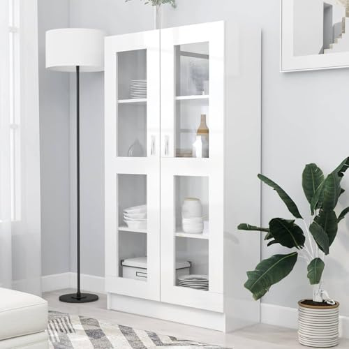 Gecheer Vitrinenschrank Glasvitrine Bücherschrank Aktenschrank Büroschrank Vitrine Schrank Bücherregal Standvitrine Vitrinenschränke für Wohnzimmer Büro Esszimmer,Hochglanz-Weiß 82,5x30,5x150 cm