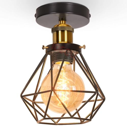 iDEGU Indistrielle Deckenleuchte 16cm Deckenlampe aus Metall Lampenschirm Geometrischer Käfig Retro Kronleuchter E27 Fassung Vintage Pendelleuchte für Flur Eingang Küche Schlafzimmer (Bronze)