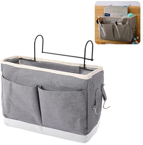 SNSYGN Bedside Caddy, Bedside Hanging Storage Canvas Hanging Storage Baskets with Hooks Canvas Bed Pocket Bunk Bed Storages Bag for Dormitory Bedroom Office (Grey)