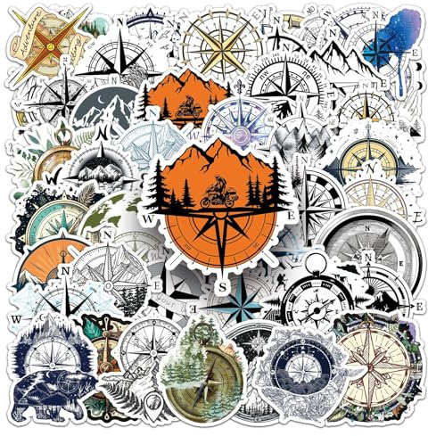 Kompass Aufkleber 50 Stück Vinyl Lustige Outdoor Navigation Aufkleber für Skateboard Scrapbook Laptop Wasserflaschen Auto Gepäck Gitarre,Wasserdicht ästhetisch Compass Stickers für Erwachsene Mädchen