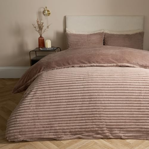 OHS Teddy Bear Bedding Superking, Ribbed Faux Fur Quilt Covers King Size Fluffy Teddy Bedding Covers Ultra Soft Fluffy Winter Bedding with Pillowcases - Mink