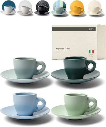 KIVY Espresso Tassen Set [4x 75ml] - Espressotassen mit Untertassen - Handgefertigte Espresso Tassen dickwandig - Italienische Espressotassen Steingut Dickwandig - Grün, Blau