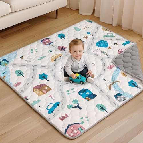 COMOMY Krabbelmatte Baby 127x127x2,5cm, Extra Dicke und Weiche Spielmatte Baby Faltbar, Rutschfeste Schadstofffrei Krabbeldecke für Baby, Baby Play Mat für Laufstall (Gräulich-weiß)