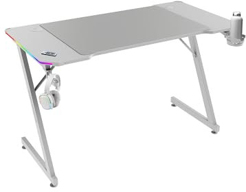 MARSGAMING MGD-X120RGB, Scrivania Gaming Ergonomica, Illuminazione ARGB con Telecomando, Fibra di Carbonio, Tappetino XXL, Supporto Cuffie e Bevande, Gestione Cavi, Scrivania Gaming 120x60cm, Bianco