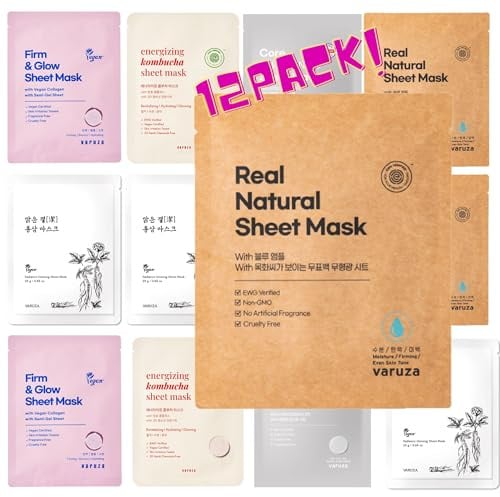 VARUZA Best Collection – Premium Vegan Korean Sheet Mask Set (12 Sheets) Firming Hydration Glow Clean Beauty, EWG & Vegan Certified Sheet Mask Multipack