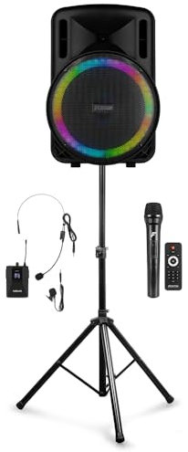 Fenton FT12LED MK2 12-Inch Portable PA System - Battery Powered 700W Speaker with Bluetooth, Wireless Handheld & Headset Microphones and Adjustable Stand for Fitness & Live Performance