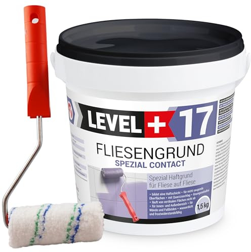 LEVEL PLUS 17 Fliesengrund 1,5 kg Fliese auf Fliese Spezial Haftgrund | Fliesengrundierung Quarzgrund für Innen Außen, Haftvermittler Frostbeständig und wasserabweisend Plus Farbroller 10cm Set