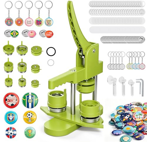 Badge Maker Button Machine Multiple Sizes 25+32+58mm 300 Plastic Pin Back Button Sets, KEYSAFER Badge Press Machine with 10 Bottle Opener, 10 Key Chain Suits, Molds & Round Paper Cutter (Green)