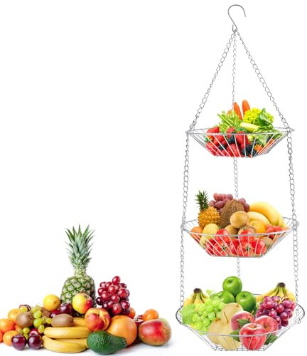 Zosenyer Fruteros de Cocina 3 Pisos, Frutero Colgante Metal, H x D: 73 x 28 cm, Cesta Colgante, Mantiene Frescas Las Frutas y Verduras, Apta para Frutas, Cítricos, Frutos Secos y Alimentos