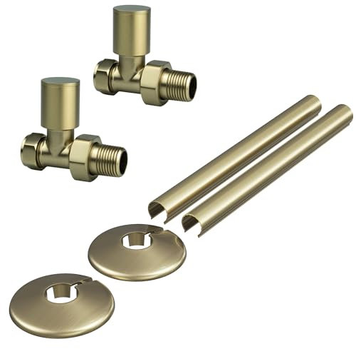 Manual Radiator Valve Round Straight - 15mm x R 1/2 - Brushed Brass with Matching Clip-on Pipe Covers and Collars